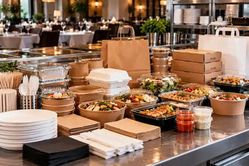 Speisen in verschiedenen Take-away-Schalen neben Menüboxen, Papiertragetaschen, Besteck und Servietten in einem Restaurant.
