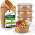 Runde Salatschale aus braunem Kraftpapier mit transparentem Deckel, 1100 ml Volumen und den Maßen 184 × 161 × 56 mm.