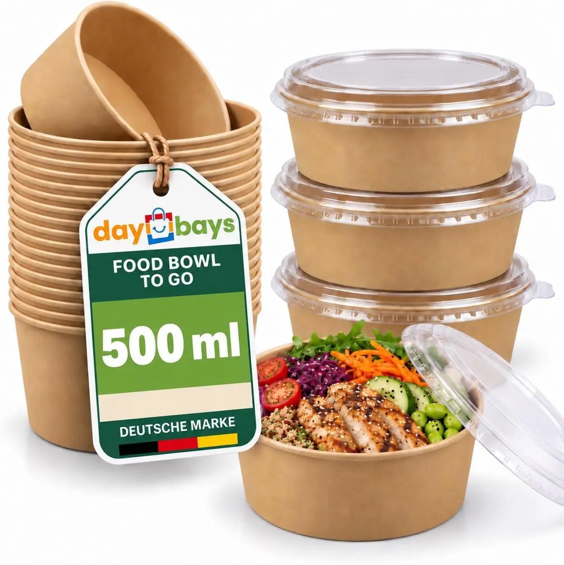 Runde, braune Salatschalen aus Kraftpapier mit 500 ml Volumen und transparenten Deckeln. Das Produktbild zeigt gestapelte Schalen, drei verschlossene Boxen und eine offene Schale mit einer angerichteten Bowl.