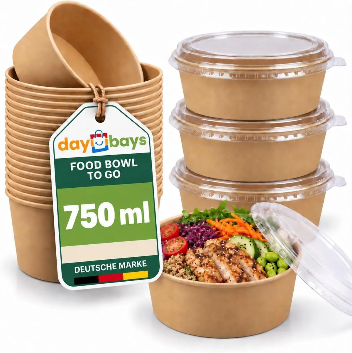 Runde Salatschale aus braunem Kraftpapier mit transparentem Deckel, 750 ml Volumen und den Maßen 148 × 129 × 60 mm.
